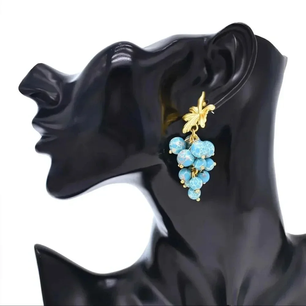 LuxuryTurquoise Stone Blue Leaf Grape Earrings